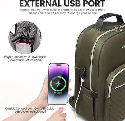 LOVEVOOK Laptop Backpack for Women 17.3 inch,Cute Womens Travel Backpack Purse,Professional Laptop Computer Bag,Waterproof Work Business College Teacher Bags Carry on Backpack with USB Port,Army green