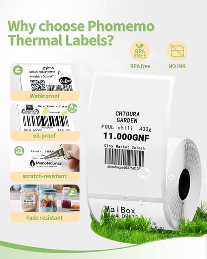 Thermal Sticker Labels Compatible with Phomemo M110/M220/M221/M120/M200/M110S Label Makers, 1.97"x3.15"(50mm*80mm), Thermal Paper for Bussiness/Design/Barcode,Black on White,100 Labels/Roll