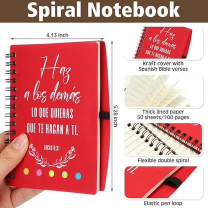 60 Pcs Spanish Christian Gifts Bulk Religious Notebooks with Bible Verse Pens,inspirational Spiral Prayer Journal and Pen Set Church Gifts for Women Men Sunday Church Party Favors (Red)