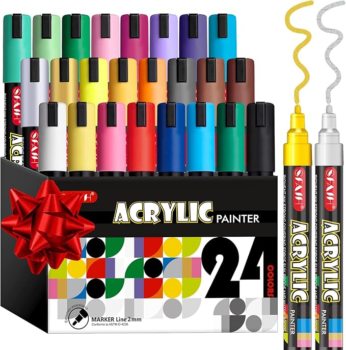 SFAIH Acrylic Creative Markers - 3mm Replaceable Nibs 24 Colors, Large Ink Capacity, Ultra-High Coverage, Non-Bleeding Water-Based Ink, Drawing Markers for Art Supplies, Wood, Fabric, Rock Painting