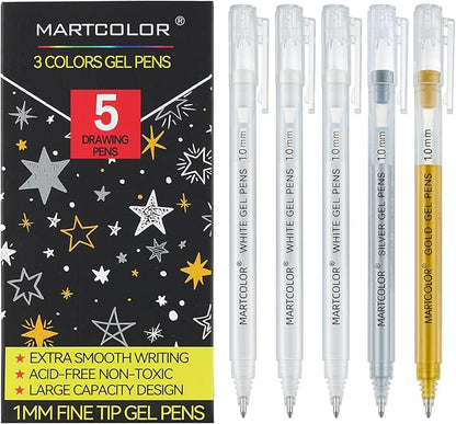Gold Silver White Gel Pens, 5 Pack, 1 mm Extra Fine Point 3 Colors Gel Ink Pens Set, Opaque White Archival Ink Pens for Black Paper Drawing, Sketching, Illustration, Card Making