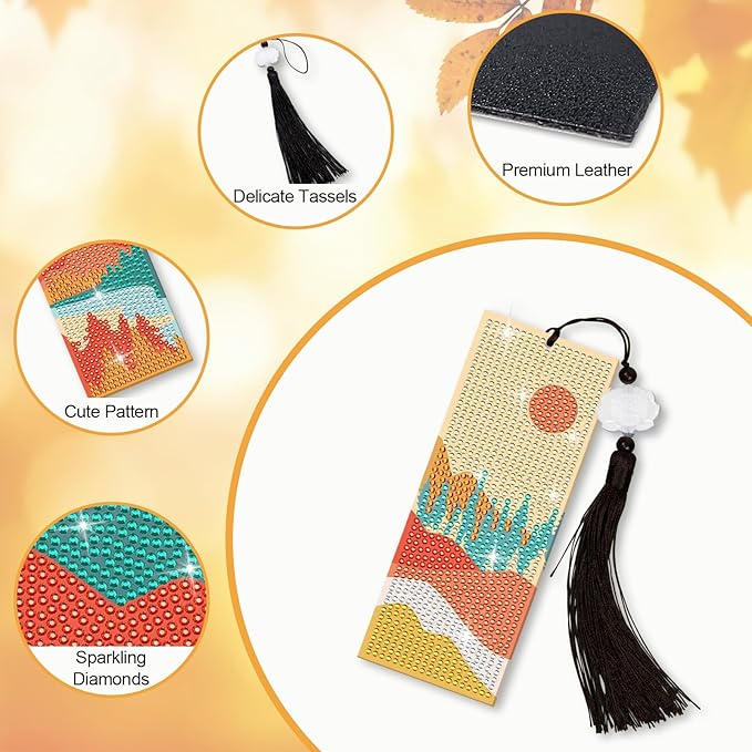 Anseal 3 Pcs 5D Diamond Bookmarks Painting for Book Lovers, PU Leather Fall Diamond Art DIY Bookmark for Women Girls, Tassel Beaded Book Mark for Graduation Birthday Reading Present