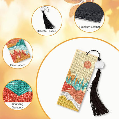 Anseal 3 Pcs 5D Diamond Bookmarks Painting for Book Lovers, PU Leather Fall Diamond Art DIY Bookmark for Women Girls, Tassel Beaded Book Mark for Graduation Birthday Reading Present