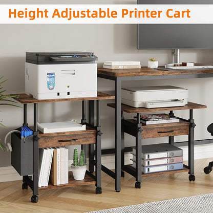 22"x15" Large Printer Stand with Storage Drawer and Side Bag, 3-Tier Height Adjustbale Printer Table for Home Office,Printer Cart fit Heat Press/Laser printer/3D Printer(Rustic Brown)