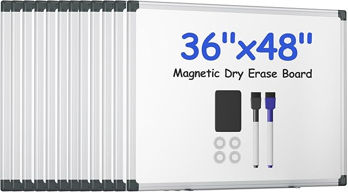 VUSIGN 12PCS Magnetic White Board Hanging 36" x 48" for Office, Class, Home, Sliver Aluminum Frame, 12 Dry-Erase Eraser, 24 Multicolor Marker, 48 Magnetic Pins