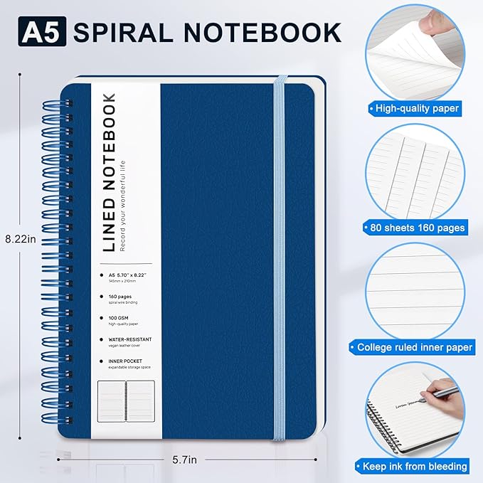 ABERLLS Blue Lined Spiral Journal Notebook with 160 Pages, 8×5.7in, A5 Spiral Notebook, Journaling Notebooks for Work, School, Women, Men, College Ruled Spiral Notebook, Hardcover Leather Journals