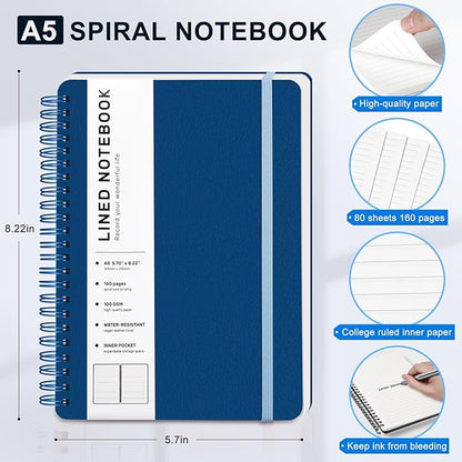 Lined Spiral Journal Notebook, A5 Hardcover Leather Notebook for Work, 5.7''×8.2'', 100GSM Thick Paper Spiral Bound Journaling Notebooks for Women & Men Office School Note Taking Business, Blue