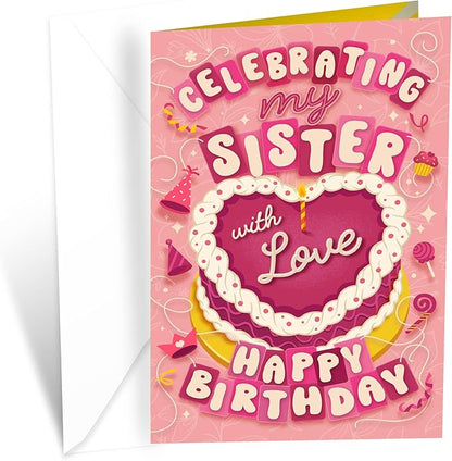 Prime Greetings Birthday Card For Sister, Made in America, Eco-Friendly, Thick Card Stock with Premium Envelope 5in x 7.75in, Packaged in Protective Mailer