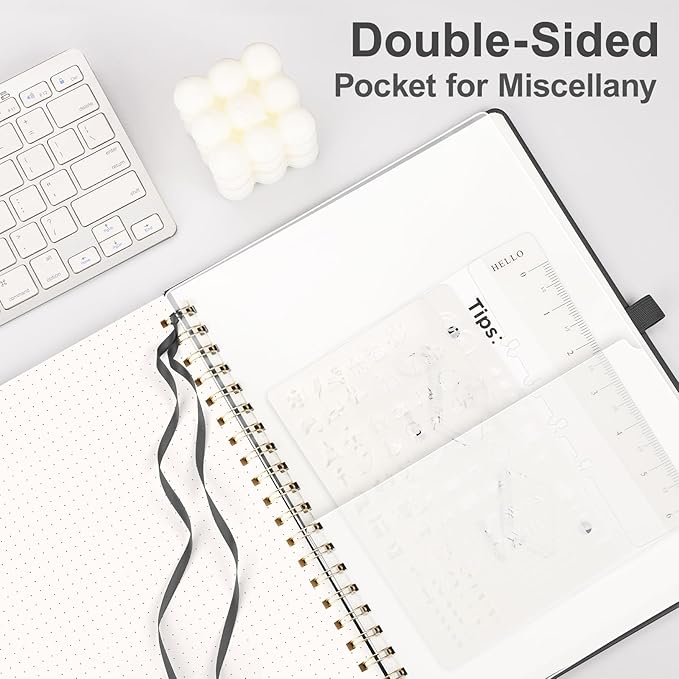 AHGXG Bullet Dotted Journal Spiral Notebook 8.5" x 11", Large A4 Leather Hardcover Dotted Notebook, 100 GSM Thick Dot Grid Paper, Inner Pocket, for Bullet Journaling, Black