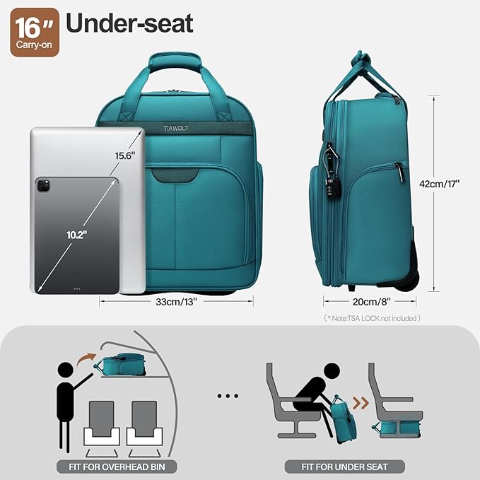 Personal Item 16-Inch Underseat Carry on Luggage With Wheels Lightweight Wheeled Underseater under seat bags for airplanes Upright 2 Wheel Teal Green
