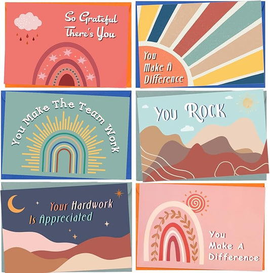 24 Pack Employee Appreciation Cards with Envelopes and Stickers, 6x4in Thank You Cards for Coworkers Recognition, Promotion, Work Anniversary Blank Inside, 6 Boho Designs