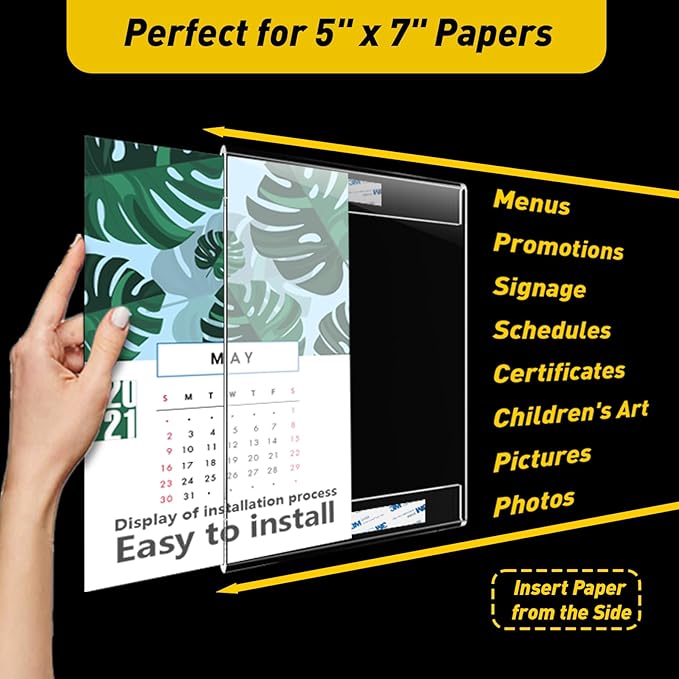 12 Pcs Acrylic Sign Holder 5 x 7, Vertical Wall Mount Sign Holders with 3M Adhesive, Clear Plastic Frames Paper Display Sign Holders for Office, Home, Store, Restaurant - No Drilling
