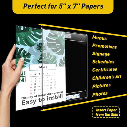 3 Pcs Acrylic Sign Holder 5 x 7, Vertical Wall Mount Sign Holders with 3M Adhesive, Clear Plastic Frames Paper Display Sign Holders for Office, Home, Store, Restaurant - No Drilling