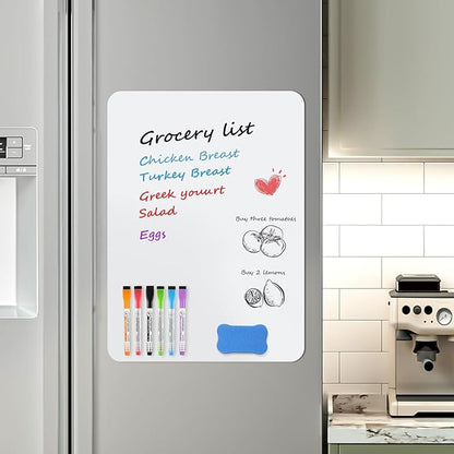 MaxGear 20'' X 13'' inch Magnetic Dry Erase Whiteboard for Refrigerator, Fridge Whiteboard Sheet for Kitchen Fridge Shopping List Notice Board with New Stain Resistant Technology (1 Eraser,6 Markers)