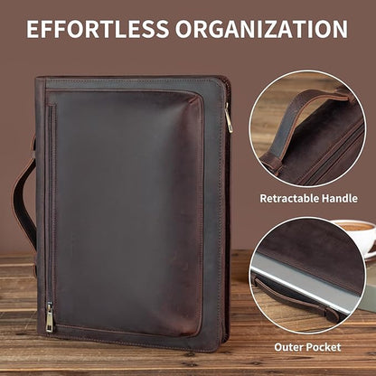 Handmade Vintage Crazy Horse Leather Portfolio Letter (A4) Size Notepad,Business Organizer Padfolio with Handle, for iPad Pro/Microsoft Surface Pro/13 inch Tablet (Non-Custom, Dark Brown)