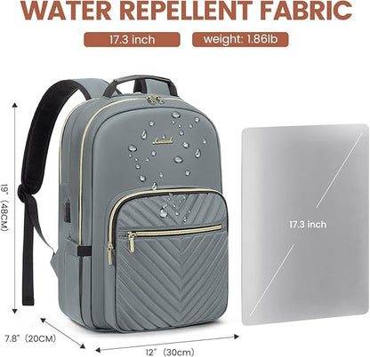 LOVEVOOK Laptop Backpack for Women 17.3 inch,Cute Womens Travel Backpack Purse,Professional Laptop Computer Bag,Waterproof Work Business College Teacher Bags Carry on Backpack with USB Port,Grey