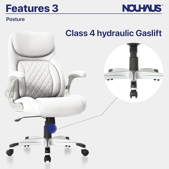 Nouhaus +Posture Ergonomic PU Leather Office Chair. Click5 Lumbar Support with FlipAdjust Armrests. Modern Executive Chair and Computer Desk Chair (White)