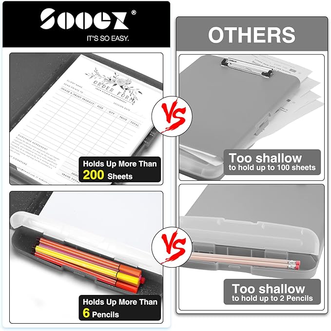 Sooez Glitter Clipboard with Storage, High Capacity Storage Clipboard with Pen Holder, Cute Clip Boards 8.5x11 with Low Profile Clip, Sparkle Plastic Clipboard Case Box for Women & Kids, Side Opening