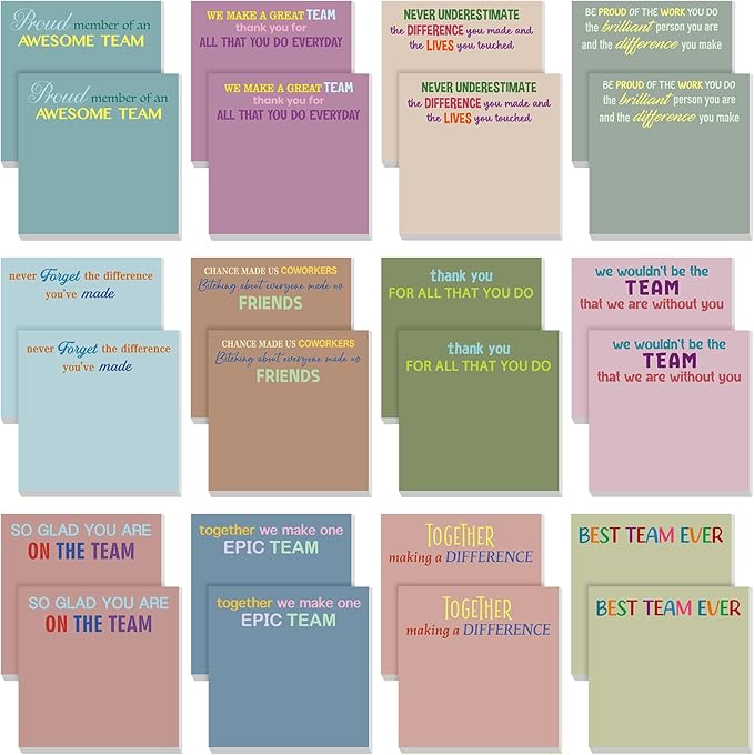 Yinder 24 Pcs Team Sticky Notes Team Appreciation Gifts Bulk Employee Coworker Inspirational Sticky Notes Pad Appreciation Gifts for Teacher Nurse Office Supplies 3 x 3''(Morandi,Appreciation)