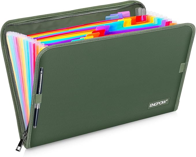 ENGPOW 13 Pocket Expanding File Folder,Fireproof Accordion File Folder Document Organizer with Zipper Closure,Document Folder Safe with Colorful Tabs,A4 Letter Size for Travel,Home,Office,Green