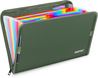 ENGPOW 13 Pocket Expanding File Folder,Fireproof Accordion File Folder Document Organizer with Zipper Closure,Document Folder Safe with Colorful Tabs,A4 Letter Size for Travel,Home,Office,Green