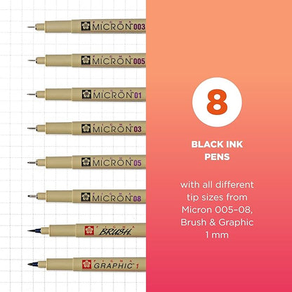 SAKURA Pigma Micron Fineliner Pens - Archival Black Ink Pens - Pens for Writing, Drawing, or Journaling - Assorted Point Sizes - 8 Pack