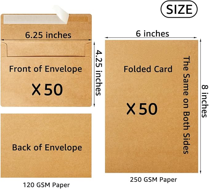 Wishop 50 Pack Self-Adhesive Envelopes with Fold Cards for Wedding Invitations, Greeting Cards, Baby Shower, Letter Mailing (Brown, 4x6)