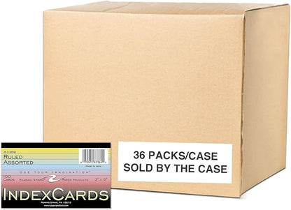 Roaring Spring Colored Index Cards 3"x5", 100 Count, Smooth 100# Index Paper, Ruled on Front, Blank on Back, 3 Colors (Pack of 36)