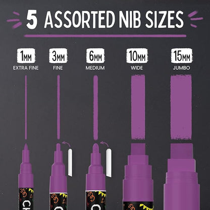 5 Purple Chalkboard Chalk Pens - Purple Dry Erase Markers for Blackboard, Chalkboard Signs, Windows, Glass | Variety Pack - Fine & Jumbo Size Ink Pen (1mm, 3mm, 6mm, 10mm, 15mm)