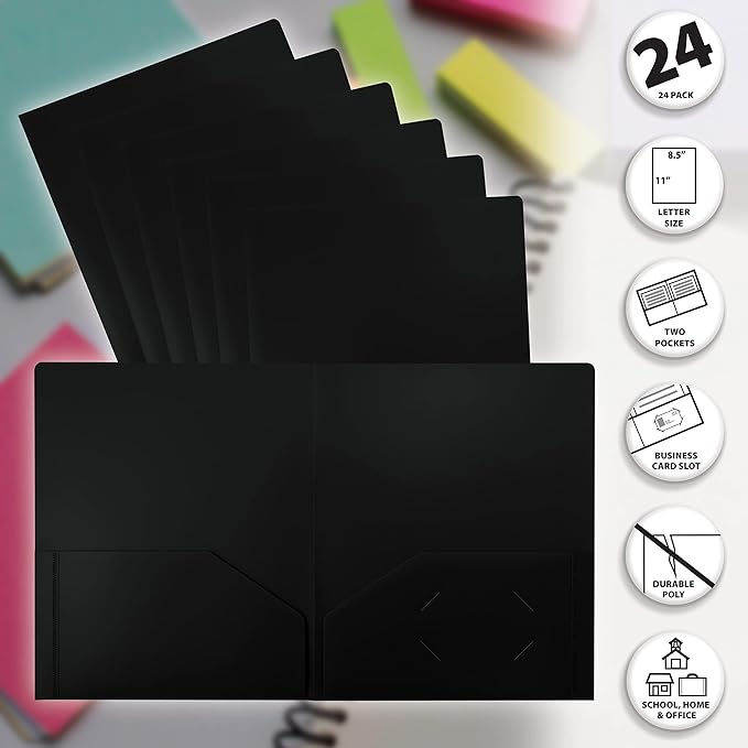 Better Office Products Heavyweight Plastic 2 Pocket Portfolio Folder, Letter Size Poly Folders 24 Pack (Black)