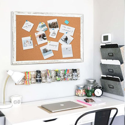 DOLLAR BOSS White Cork Board - 24 X 18 Inches, Rustic Wooden Frame, Decorative Hanging Pin Board for Office & Home Decor