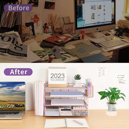 Desk Organizers and Accessories, Desk Accessories & Workspace Organizers for Office Supplies, File Organizer Desk Drawer Organizer with 2 Pen Holders, 4 Tier Paper Organizer for Desk(Rose Pink)