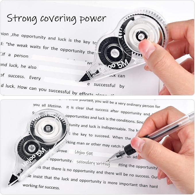 White Correction Tape, Easy To Use Applicator for Instant Corrections Wrong Writing At Any Time, For school, Office (12pack, 5M/196" x 0.2", Black)