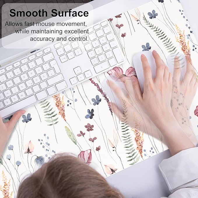 QIYI Large Mouse Pad, Cute Flower Desk Mat for Desktop, Women Girls Floral Office Décor Desk Accessories, PU Leather Waterproof Big Gaming Mousepad, Wildflowers Desk Pad Computer Mat, 31.5" x 15.7"