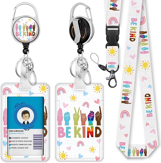 Be Kind Lanyards for Id Badges, Cute Hand Sign Badge Reel Heavy Duty with Carabiner Clip, Fashionable ID Badge Holder with Breakaway Lanyard, Teacher Nurse Office Christmas Gifts