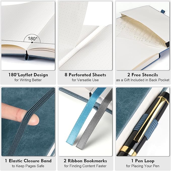 Bullet Dotted Journal Notebook, 312 Numbered Pages A5 Hardcover Leather Journal, 100gsm No Bleed Paper Dot Grid Notebook with Index Pages, Dot Journal for Women Men, 5.75" x 8.38", Grey Blue