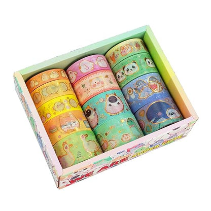 Cute Pets Washi Tape Set 13 Rolls Wide Gold Embellishment Decorative Masking Tapes for Arts, DIY Crafts, Journals, Planners, Scrapbook, Wrapping (Animal Kindergarten), 10/15/20/25mm