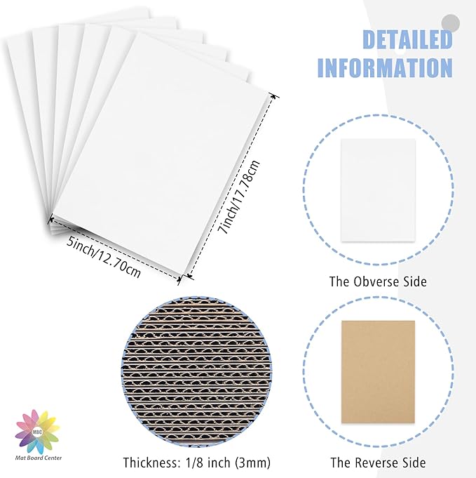 Mat Board Center, 25 pack 5x7 Corrugated Cardboard sheet, 1/8 inch thick, Flat Cardboard Inserts for Mailing, Packaging & Shipping, Cardboard Backing, Craft Card Board (White on one side)