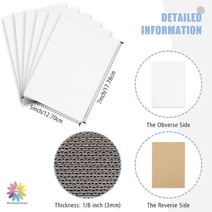 Mat Board Center, 25 pack 5x7 Corrugated Cardboard sheet, 1/8 inch thick, Flat Cardboard Inserts for Mailing, Packaging & Shipping, Cardboard Backing, Craft Card Board (White on one side)