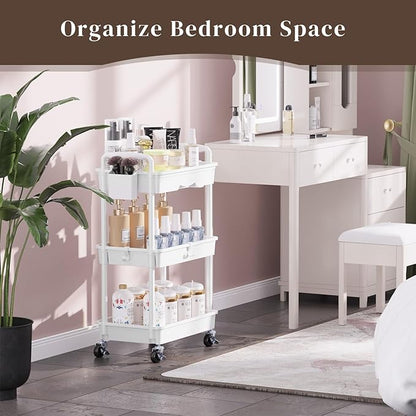 Rolling Utility Cart with Drawer 3 Tier, Utility Storage Organizer with Plastic Shelf & Lockable Wheels Multifunctional Storage Cart for Kitchen, Bathroom, Office, Living Room, White