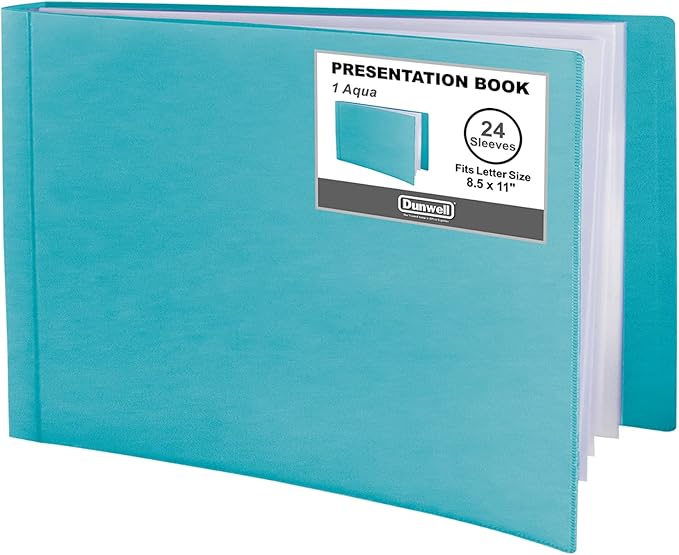 Dunwell 8.5x11 Portfolio Binder (Aqua, Horizontal), Plastic Presentation Book, 24 Pockets Displays 48 Pages of Letter Size Documents, Certificates, Keepsakes, Art Portfolio Folder, Acid-Free Poly
