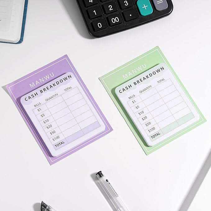 MANWU 2pcs Cash Breakdown Teller Sticky Note Tracker Memo Pad for Budget Planner Journey,Bank Teller Slip Notepad Cash Envelope System Accessory Cash withdraws for budgeting Savings Challenge