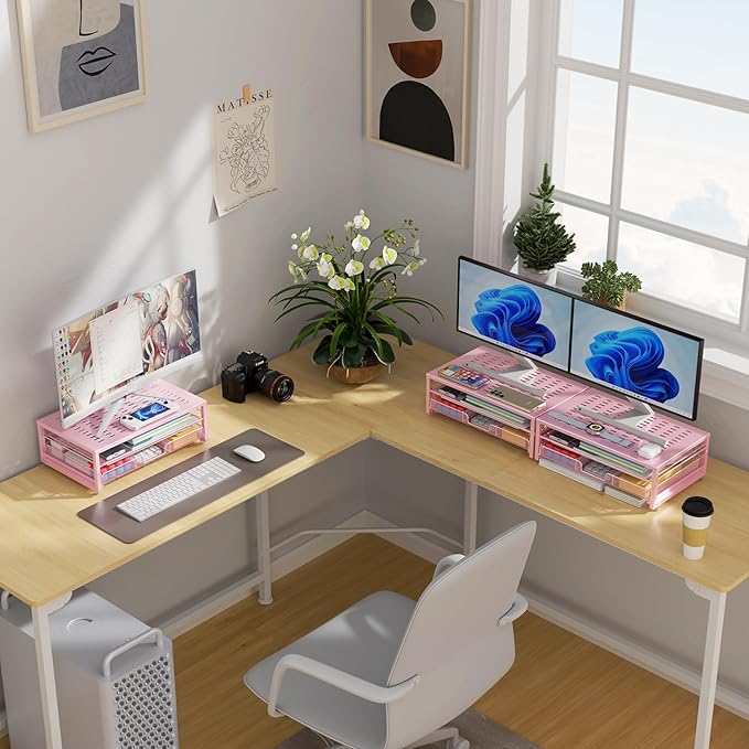 gianotter Computer Monitor Stand Riser, office organizer with Drawer, Office Organizers Storage for Classroom Office Supplies (Pink)