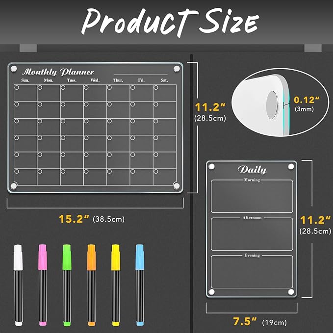 DIYMAG 3Pcs Acrylic Magnetic Dry Erase Calendar for Fridge, Clear Acrylic Calendar Planning Board Set Magnetic Weekly Monthly Planner Menu for Refrigerator with 6 Highlight Markers