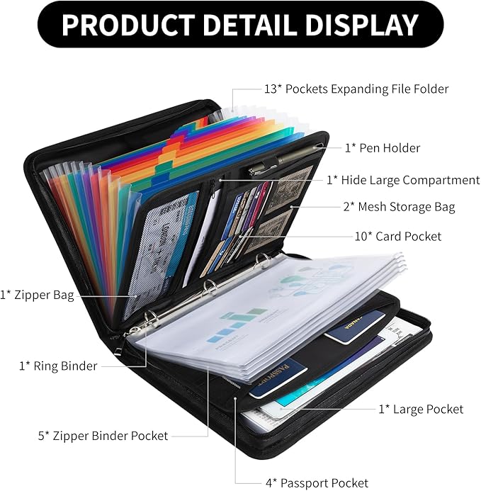 Accordion File Organizer,13 Pockets Important Document Organizer with Life Binder,Fireproof Expanding File Folder,Portable Binder Organizer with Handle,With 5 Binder Pockets and Labels for Business