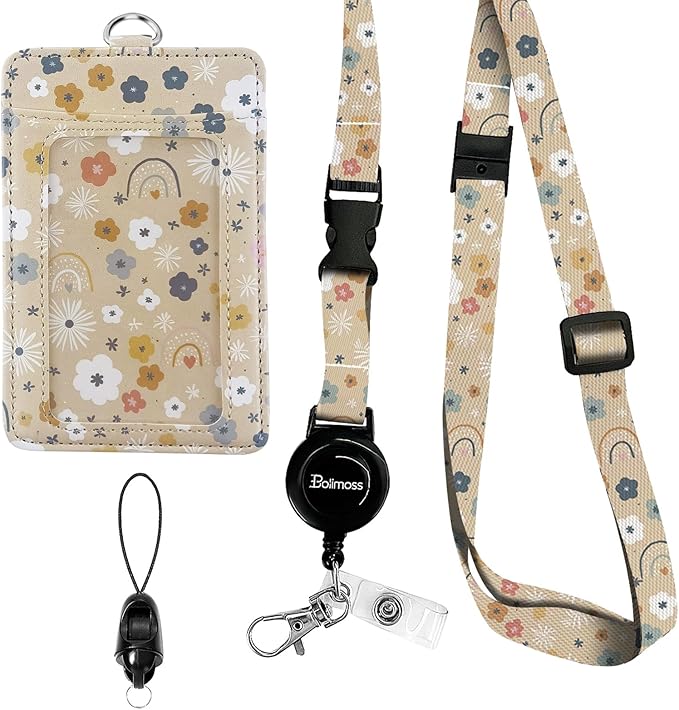 bolimoss Flowers Rainbows Badge Holder with Adjustable Retractable Lanyard, Cute Leather ID Name Badge Card Holder with Quick Release Buckle and Safety Breakaway Lanyards for ID Badges