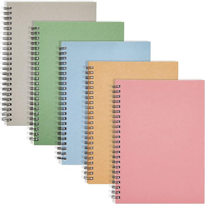 Paper Junkie 5 Pack Spiral Journal - Small Notebooks Bulk 6" x 8" with 120 Lined Pages for Work, Students, School, Writing (5 Colors Kraft Paper Covers)