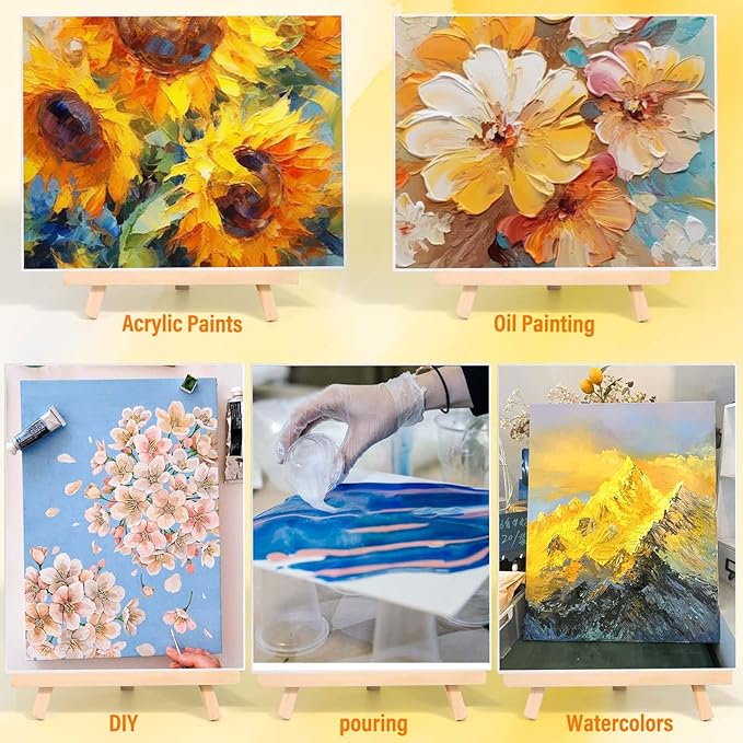 Canvas Boards with Easel for Painting 6 Pack 8 x 10 Inch Painting Canvas Panels with Pine Easels, Blank Canvas Beginner Kit for Acrylic Oil Watercolor Crafts Sip and Paint Art Party