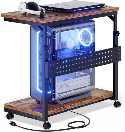 Computer Tower Stand with Power Strips, Height Adjustable PC Tower Stand/Cart with Wheels, Mobile Rolling CPU Holder, Computer Cart Side Stand for Computer Desk, 24", Rustic Brown