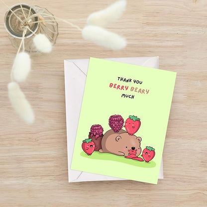 ALY LOU Cute Thank You Card, Thank U Greeting Note Card for Business, Teacher, Wedding, Birthday, Baby Shower, Blank Inside (Thank you Berry Beary Much)